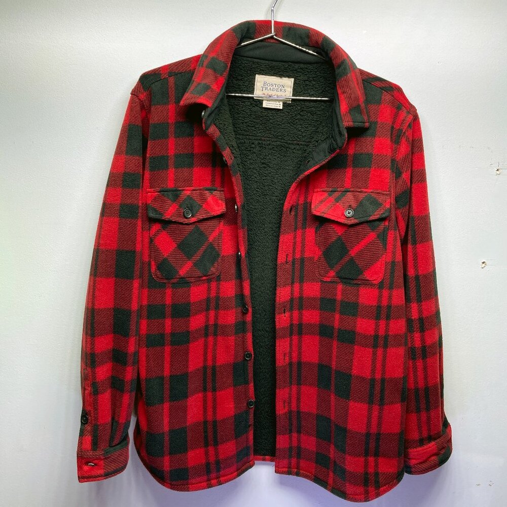 BOSTON TRADERS MEN'S RED PLAID FLANNEL SHERPA-LINED SHIRT/JACKET - SIZE MEDIUM